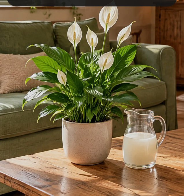 A potted peace lily with white flowers sits on a wooden coffee table beside a glass pitcher of milk or another white liquid, with a green sofa in the background.