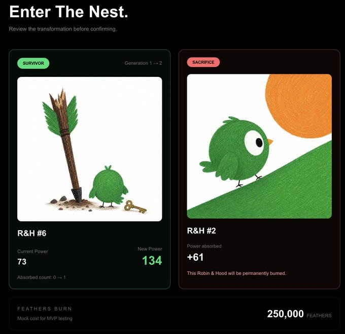 An 'Enter The Nest' interface showing a Survivor option (R&H #6 bird with shovel, Current Power 73 → New Power 134) and a Sacrifice option (R&H #2 bird, +61 power absorbed), with 250,000 feathers as the mock cost.