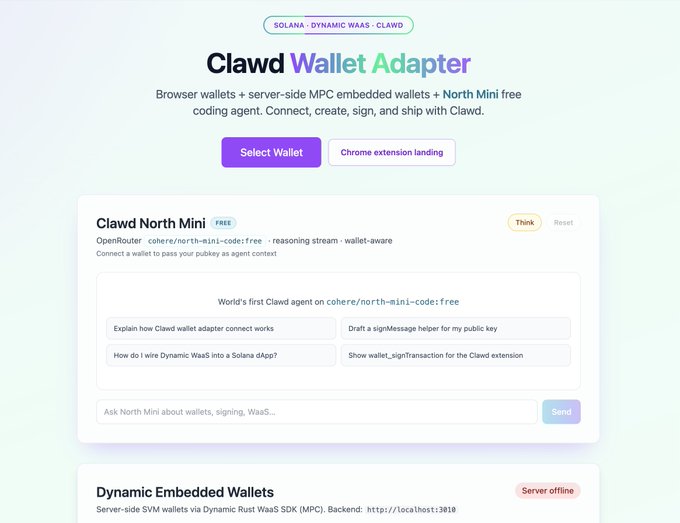 The image showcases the "Clawd Wallet Adapter" landing page, featuring a "Clawd North Mini" free agent powered by OpenRouter (cohere/north-mini-code:free) with options to explain wallet connections, draft signMessage helpers, wire Dynamic WaaS into a Solana dApp, and show wallet_signTransaction for the Clawd extension. It also displays a "Dynamic Embedded Wallets" section for server-side SVM wallets via the Dynamic Rust WaaS SDK (MPC), directly tying into the $CLAWD celebration by highlighting the new Clawd wallet extension and its AI-powered wallet integration tools.