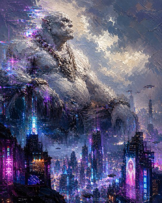 A cyberpunk fantasy painting of a giant stone humanoid statue towering over a neon-lit futuristic city with Chinese characters like '未来' visible on holographic signs.