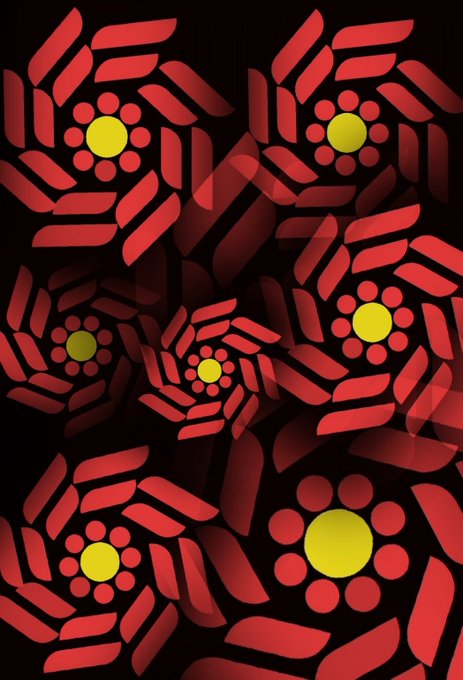 An abstract digital artwork featuring a repeating pattern of red geometric shapes and yellow flower-like motifs arranged in a kaleidoscopic design against a black background.