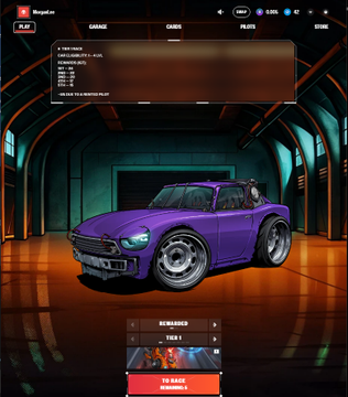 A MetaRacing car garage screen shows a purple race car, with “1 TASK FORCE,” “Rank 1,” and a red “GO RACE” button. It promotes @MetaRacing_io and @taskonxyz’s $500 prize pool for completing tasks, competing in card-based PvP races, earning rewards, and spinning a daily wheel for USDT.