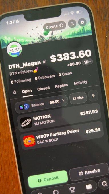A smartphone screen showing a cryptocurrency wallet displaying a balance of $383.60 for user "DTN_Megan."