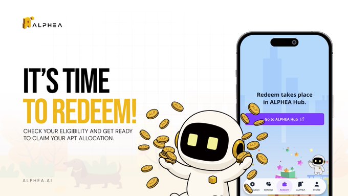 The promotional image features the ALPHEA logo and a bold "IT'S TIME TO REDEEM!" headline with a cute astronaut mascot surrounded by floating coins, alongside a smartphone screen displaying the ALPHEA Hub redemption interface with a "Go to ALPHEA Hub" button. This visually announces the launch of the new ALPHEA CONNECT redemption flow described in the post, inviting users to access the portal to convert eligible points into APT (Alphea Point Token).