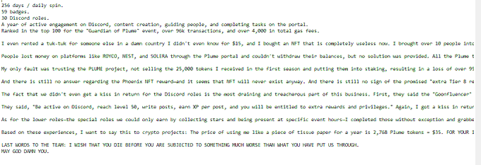 The image features a gray background with white text that reads, "A post—based on my own experience—of the labor exploitation Plume inflicted upon its community." The post appears to be written by someone named Teddy P., who has tagged the image with the hashtag #plumenetwork.
