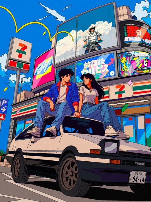 Two anime-styled figures sit atop a white 7-Eleven parking-lot car at dusk beneath retro billboards, a "TRUENO" badge and license plate "94-14" visible below—visually capturing the 80s/90s Asian city pop, neon-night nostalgia the post describes about @MiraipopNFT_'s upcoming 777-piece Ethereum mint.