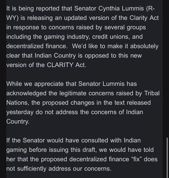 A statement from Indian Country addresses Senator Cynthia Lummis's (R-WY) updated version of the Clarity Act, noting that while her acknowledgment of Tribal Nations' concerns is appreciated, the proposed changes fail to address Indian Country's concerns regarding gaming industry, credit unions, and decentralized finance, with the statement suggesting Senator Lummis should have consulted with Indian gaming before releasing the draft. If she had, Indian Country would have informed her that the proposed decentralized finance "fix" is insufficient.