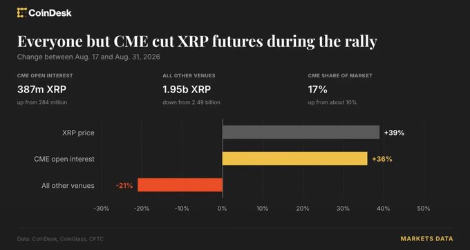 A CoinDesk Markets Data infographic titled "Everyone but CME cut XRP futures during the rally" shows that between August 17 and August 31, 2026, CME open interest in XRP rose 36% to 387 million XRP (up from 284 million) while all other venues' open interest fell 21% to 1.95 billion XRP (down from 2.49 billion), driving CME's market share from ~10% to 17% as XRP's price gained 39%.