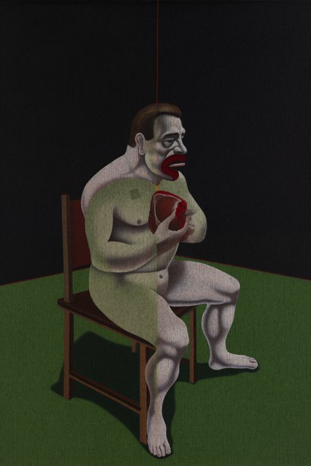 A surrealist painting depicts a disembodied, partially translucent male figure sitting on a chair, holding a red heart-shaped object. The image's dreamlike and slightly unsettling nature serves as a metaphorical "Gm" (Good morning), perhaps suggesting a raw or vulnerable start to a new day.