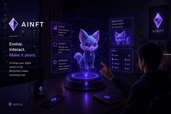 Promotional image for AINFT showing a person interacting with a holographic fox-like NFT creature, with tags "Evolve," "Interact," and "Make it yours," alongside stats like "Level 12" and "Rarity Epic" for "AINFT #7721."