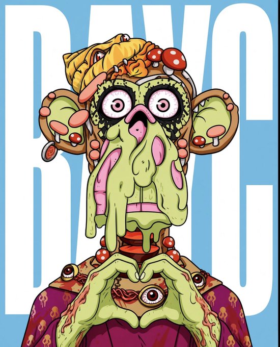 A grotesque, mutated ape figure with bloodshot eyes, oozing slime, mushrooms sprouting from its head, and multiple eyes—including one on its chest—appears against a bold blue and white "BAYC" background, visually representing the wild, five-year evolution of the Mutant Ape Yacht Club (MAYC) NFT collection.