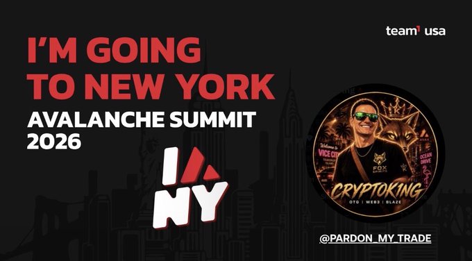 A promotional graphic with the New York skyline background stating "I'M GOING TO NEW YORK AVALANCHE SUMMIT 2026" featuring a circular profile picture labeled "CRYPTOKING" with "OTG | WEB3 | BLAZE" and the handle "@PARDON_MY_TRADE", along with a "team usa" logo and a stylized "NY" logo.