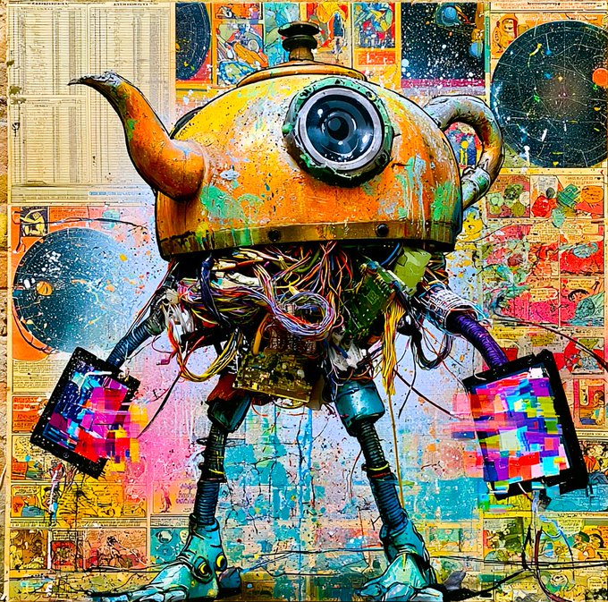 The image features a large, colorful robot with arms holding various objects such as books and a cup of tea. The robot appears to be made out of wires and other materials, giving it an industrial appearance. The background includes a collage of comic book images, adding to the overall artistic theme of the artwork. The post is titled "A Cup of Chaos" and has been shared on @objktcom for 10 days. It seems that someone has posted this artwork in response to the post about the cup of chaos.