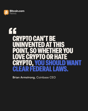 Bitcoin.com News quote graphic featuring a statement by Coinbase CEO Brian Armstrong about crypto needing clear federal laws.