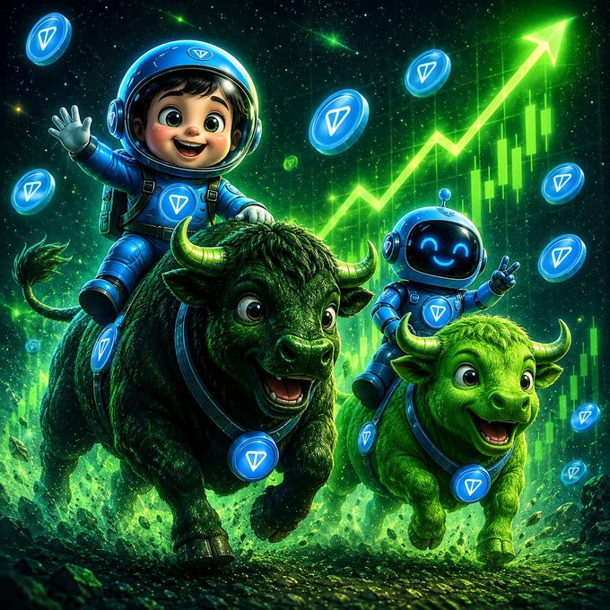 A cartoon-style crypto illustration showing an astronaut and robot riding green bull-like creatures amid floating TON coin logos and a rising green price chart.