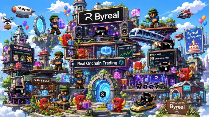 A colorful, detailed digital illustration promotes 'Byreal' with text including 'Real Onchain Trading,' 'MEME KIOSK,' 'FARM & BUILD,' and 'Byreal 1st Birthday,' featuring cartoon characters and a vibrant futuristic cityscape.