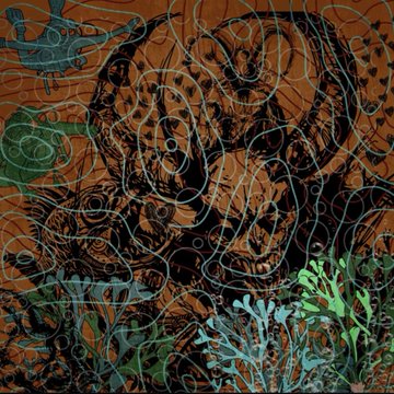 A stylized, abstract artwork featuring a tiger's face rendered with swirling lines and patterns in brown and black tones, with green and blue decorative elements at the bottom corners.
