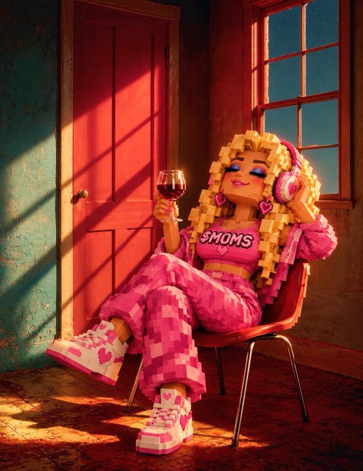 A 3D-rendered stylized character with blonde dreadlocks wearing pink '$MOMS' branded clothing, pink headphones, and chunky pixelated pink/white sneakers, sitting on a chair holding a wine glass in a sunlit room with a red door.