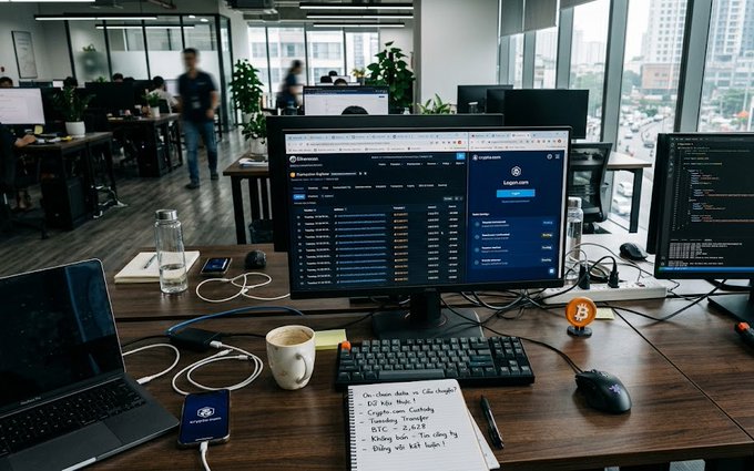 A modern office workstation displays a monitor showing the Crypto.com login page alongside a Bitcoin (BTC) data terminal, with a notebook on the desk referencing "Crypto.com," "Wallets," and "staking" in handwritten notes.

The image visually reinforces the post's discussion about BTC transfers to Crypto.com, with the platform's login screen and a small Bitcoin figurine serving as the focal point of the on-chain analysis mentioned.