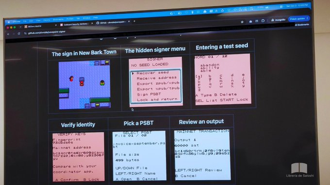 A monitor displaying a GitHub guide about PSBT (Partially Signed Bitcoin Transactions), showing sections like 'The sign in New Bark Town,' 'The hidden signer menu,' and 'Pick a PSBT.'