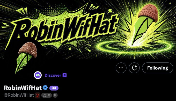A stylized social media header for 'RobinWifHat' (@RobinWifHat) features bold neon-green comic-book graphics with acorn-hat motifs and a 'Following' button.