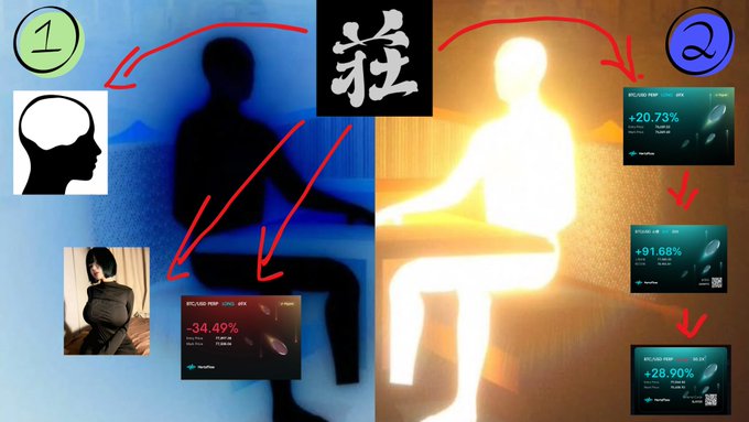 A thumbnail comparing two states with silhouettes, a dark blue figure on the left and a glowing yellow figure on the right, with the Chinese character '證' (proof) at the top, red arrows connecting screenshots showing gain/loss percentages (-34.49%, +20.73%, +91.68%, +28.90%) and small images of a person's profile.