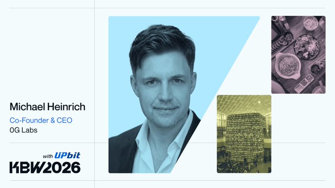 A promotional graphic featuring Michael Heinrich, Co-Founder & CEO of 0G Labs, with 'KBW2026 with UPbit' branding, alongside images of coins and a large gathering hall.