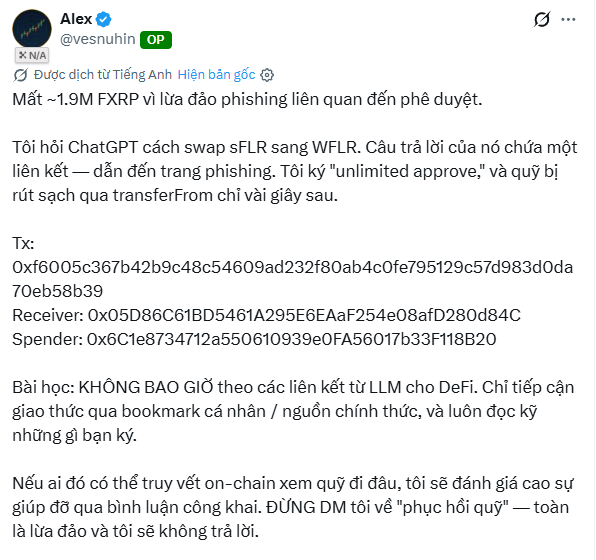 A Vietnamese Twitter post by verified user Alex (@vesnuhin) warning about losing ~1.9M FXRP to an approval phishing scam, sharing the malicious Tx, Receiver, and Spender addresses, and advising never to follow links from LLMs for DeFi.