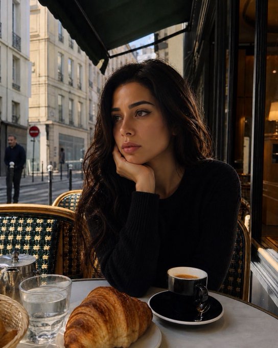A young woman with dark wavy hair sits at an outdoor Parisian cafe, resting her chin on her hand, with an espresso cup, a croissant, and a glass of water on the table before her.
