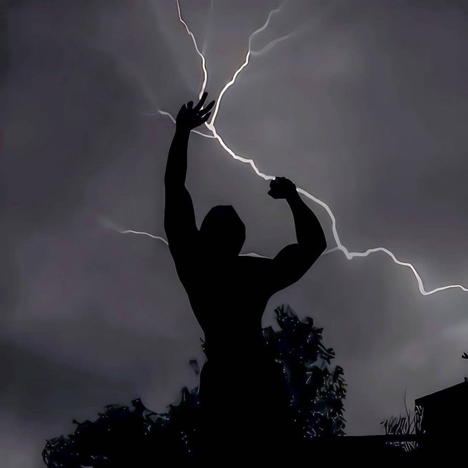 A dramatic silhouette of a muscular figure with raised arms reaching up to grasp bright lightning bolts against a stormy dark sky.