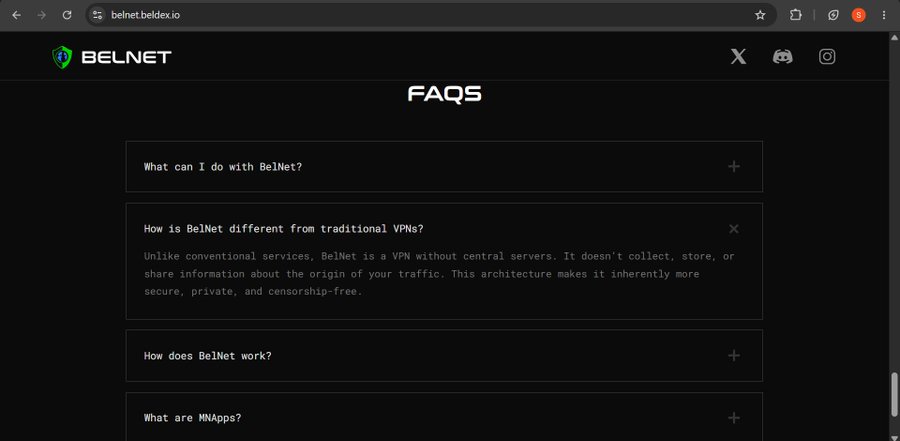 A screenshot of the BelNet website (belnet.beldex.io) FAQ page with an expanded question about 'How is BelNet different from traditional VPNs?', describing it as a VPN without central servers.