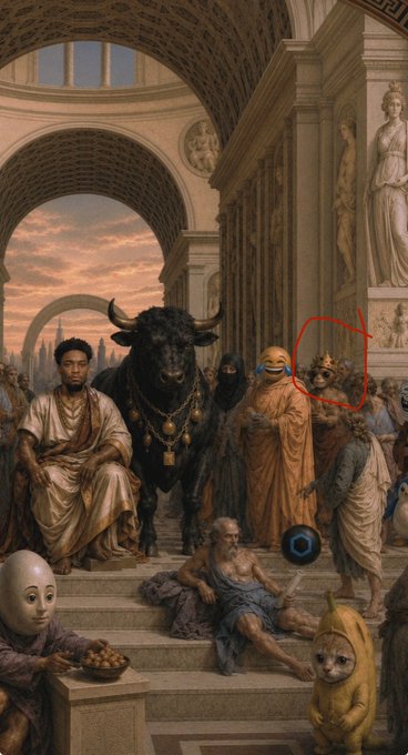 A surreal classical painting reimagined with crypto meme characters—a masked figure, an evil eye orb, and a banana-suited cat—parodies the "$WUKONG" token by inserting absurd mascots into a grand Roman setting, circled to highlight the bizarre monkey king reference.