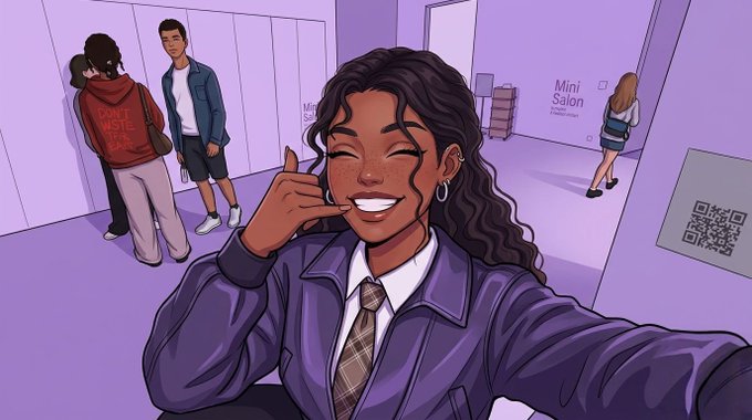 An animated illustration of a smiling woman with curly hair taking a selfie while making a phone-call gesture, set in a purple-toned hallway with other people and a 'Mini Salon' sign visible.