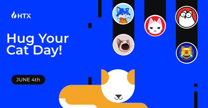 The image features a blue banner with white text that reads "Hug Your Cat Day!" The banner also includes several cat-themed stickers, including one of an orange cat laying down and another of a brown cat sitting upright. The text on the banner encourages people to hug their cats as part of the celebration.