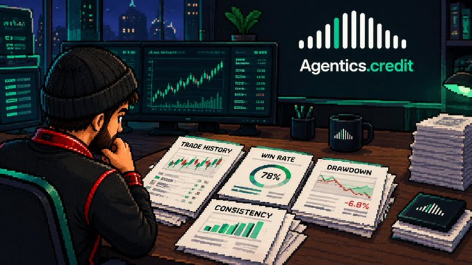 Pixel art illustration of a bearded man at a computer trading desk with 'Agentics.credit' branding, showing trading stats including 'WIN RATE 78%', 'DRAWDOWN -6.8%', 'TRADE HISTORY', and 'CONSISTENCY'