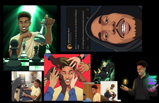 A collage of AI-generated images featuring a young Black man in various scenarios, including one with text showing a 'Divine Amos @DivineAmos2' tweet about being skilled, a chess scene, gaming setups, and illustrations.