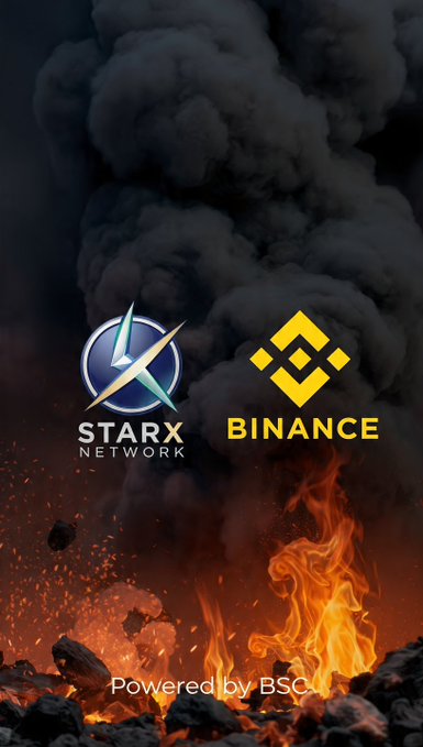 The image shows the StarX Network and Binance logos overlaid on a dramatic background of fire and dark smoke, with the text "Powered by BSC" at the bottom. This visually reinforces the post's claim that $STRX operates on the Binance Smart Chain, using the fiery imagery to suggest urgency around the "Phase 4 halving" milestone and potential Binance listing.