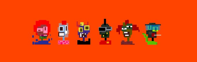 A pixel art illustration on an orange background featuring six video game or video game-style characters in a row.