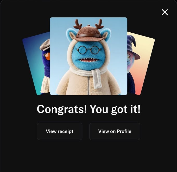 A digital notification screen reading "Congrats! You got it!" with "View receipt" and "View on Profile" buttons, displaying a blue furry character in a cream sweater, reindeer hat, and round glasses.