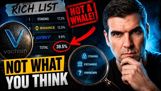 A YouTube thumbnail about VeChain with a man using a magnifying glass, showing a 'RICH LIST' chart and text reading 'NOT A WHALE!' and 'NOT WHAT YOU THINK'.