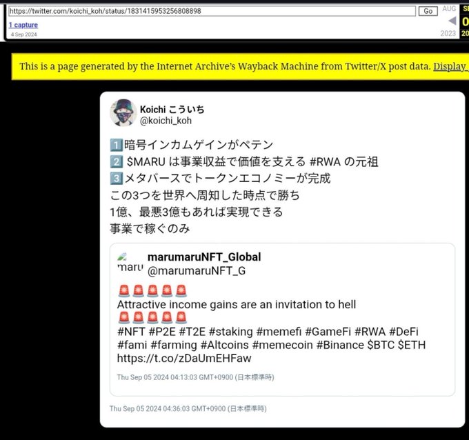 Screenshot of an archived Twitter/X post by Koichi (@koichi_koh) in Japanese, commenting on a quote tweet from @marumaruNFT_G about NFT, RWA, and meme coins, dated September 2024.