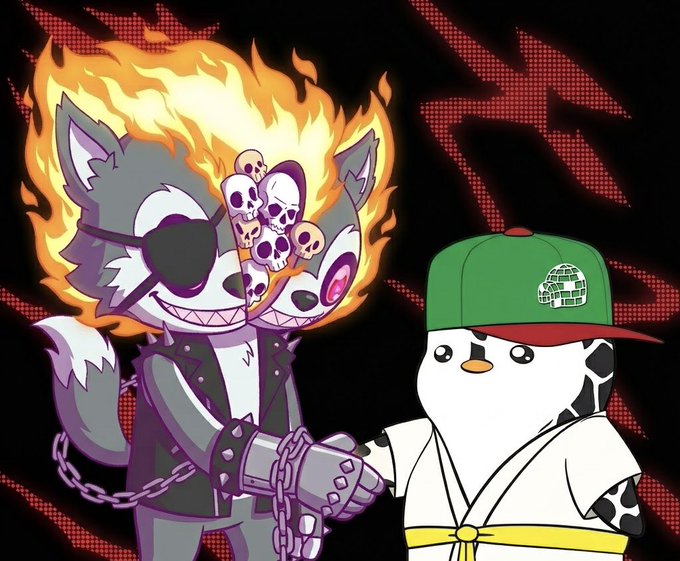 An illustration featuring two cartoon characters: a wolf-like figure with a flaming head, sunglasses, a spiked collar, and chains on the left, and a round penguin-like character wearing a green cap on the right, set against a black background with red lightning.