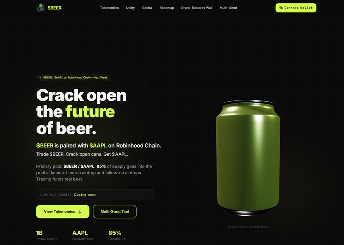 A dark-themed crypto website for '$BEER' promotes the headline 'Crack open the future of beer,' noting '$BEER is paired with $AAPL on Robinhood Chain' with 85% of supply going to the pool, displayed alongside a 3D green beer can.