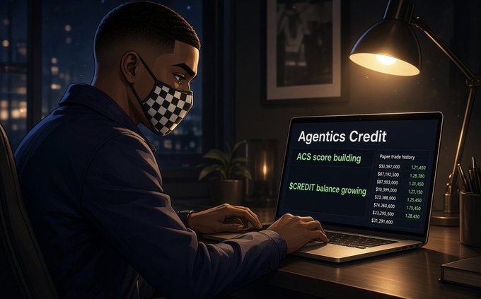 Digital illustration of a person wearing a checkered face mask working at a laptop displaying 'Agentics Credit' dashboard showing 'ACS score building' and '$CREDIT balance growing' with paper trade history figures.