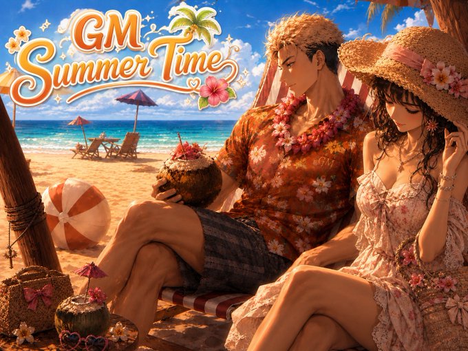 The image features a man and woman sitting together at a beach, with an umbrella providing shade over them. They are both wearing summer clothes, which suggests that they are enjoying their time outdoors during the warmer months. In the background, there are chairs and other beach accessories visible, indicating that this is likely a popular spot for relaxation and leisure activities. The post also includes text elements such as "gm" and "good morning", "@NomismaNetwork x @useTria x @TheARCTERMINAL x @quipnetwork x @Appreciators_IO".