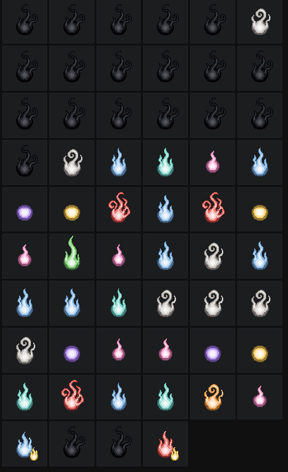 A grid of pixel art icons featuring various colored flames, smoke clouds, and glowing orbs in dark spheres.