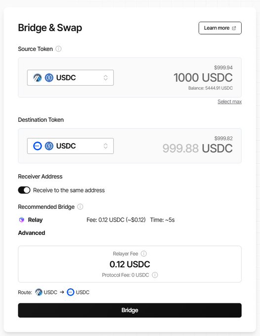A "Bridge & Swap" interface showing a 10,000 USDC transfer across chains via Relay, with a 0.12 USDC relay fee, ~5s time, and a route from Avalanche USDC to Base USDC—illustrating Lucid's automatic route optimization across multiple chains as described in the post.