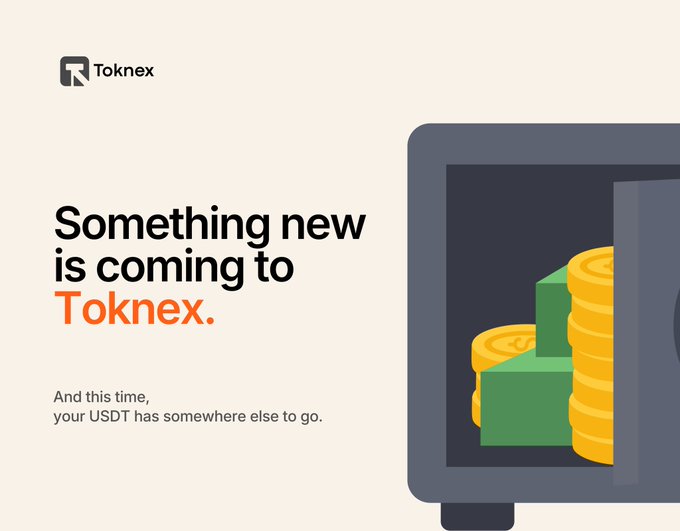 Toknex promotional graphic reading 'Something new is coming to Toknex. And this time, your USDT has somewhere else to go.' with an illustration of a safe containing coins.