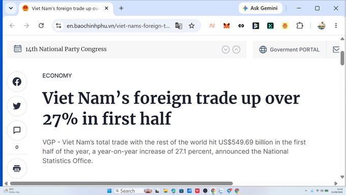 A Chrome browser screenshot of a news article from baochinhphu.vn with the headline 'Viet Nam's foreign trade up over 27% in first half'.