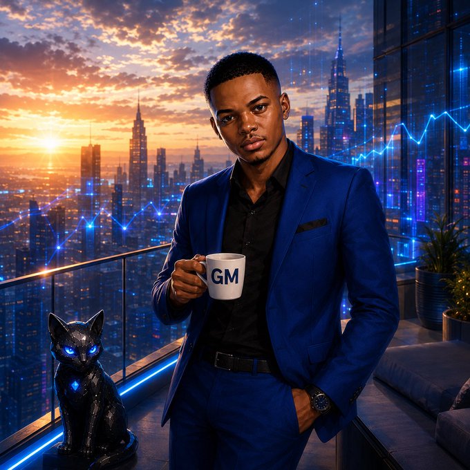 A digital illustration of a man in a blue suit holding a mug labeled 'GM', standing on a balcony overlooking a futuristic city skyline with holographic stock charts at sunset, accompanied by a black cat statue with glowing blue eyes.